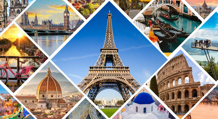 A collage of famous travel destinations